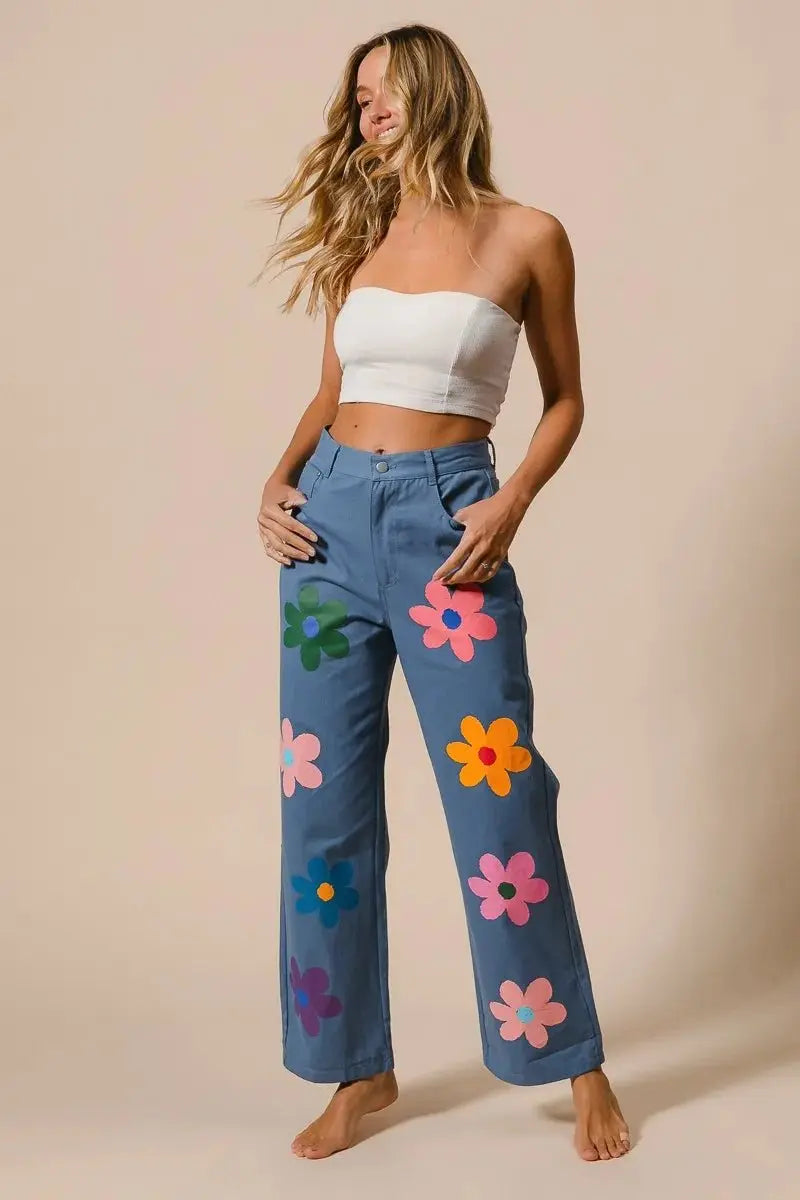 BiBi Flower Print Straight Legs Pants for Chic Style - Love Salve